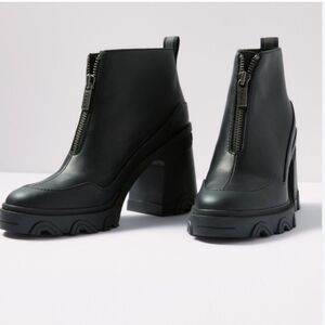 Sorel Brex Black High Heel Waterproof Leather Zip Booties Womens Size 5.5